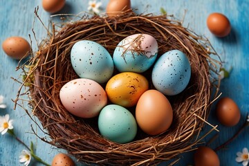 Easter eggs in nest, festive holiday spring season concept
