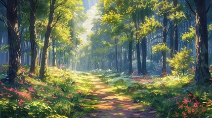 Vivid woodland, stunning scenery during the spring season, artistic depiction