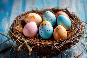 Easter eggs in nest, festive holiday spring season concept