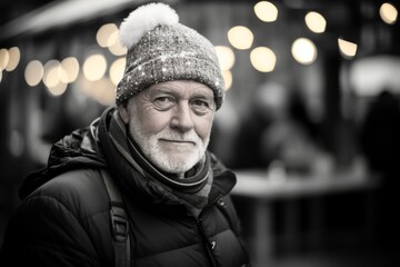 Obraz premium A Joyful Gaze: An Enthusiastic Individual Captured in a Heartwarming Portrait Against the Festive Backdrop of a Bustling Christmas Market