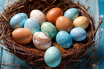 Naklejka na ściany i meble Easter eggs in nest, festive holiday spring season concept