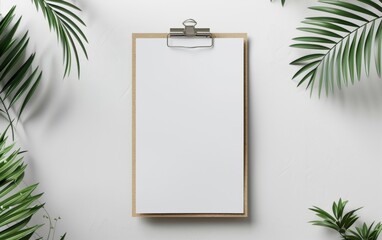 A wooden clipboard sits against the white wall and floor.