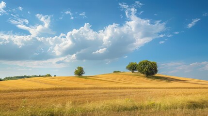 Fototapeta premium wheat field on the hillside, light clouds on the blue sky