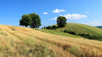 Fototapeta na wymiar wheat field on the hillside, light clouds on the blue sky