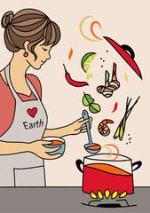 A woman cooking Thai Tom yum or spicy sour soup with shrimps. A vector illustration of a woman cooking Thai spicy Tomyam Soup with some fresh ingredients and herbs flying over the pot ready to be cook