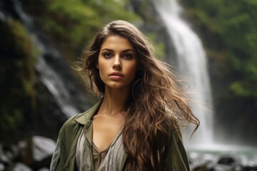 A Serene Portrait of a Young Woman with Long Flowing Hair Captured Against the Majestic Backdrop of a Cascading Waterfall in a Lush Forest Setting