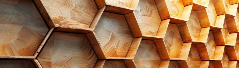 Wooden hexagonal shelf with an open design.