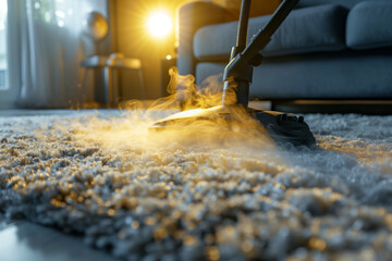 steam cleaner removes dirt from carpet, dirty - obrazy, fototapety, plakaty