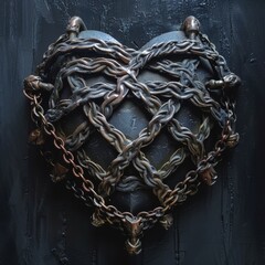 A heart-shaped lock with intricate chains wrapped around, symbolizing love in bondage, emotional depth in close-up