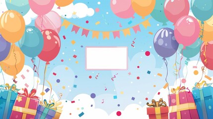 Colorful celebration with balloons gifts and a blank banner for your message