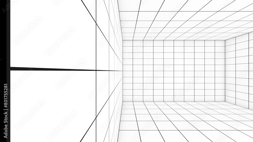 Poster a grid of lines in an empty, white room serves as a visual cue. ,a space with a distance-measuring g