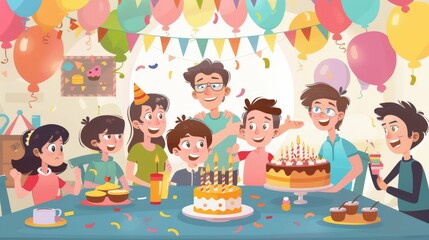 Joyful birthday celebration with a cake and happy group of children
