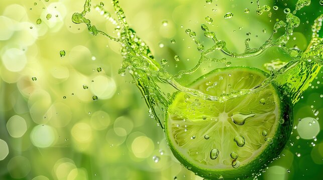 Create an image of lemons floating in the air with lemon juice droplets swirling in a spiral. The background emphasizes the bright green color and the feeling of freshness and vitality.