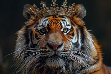 Naklejka premium Portrait of a beautiful tiger with a crown on his head.
