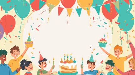 Naklejka premium Joyful kids celebrating with cake and balloons at a festive party