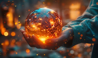 person holding glowing galaxy in hands, universe inside sphere, fantasy planet concept