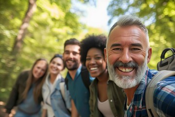 Portrait of smiling senior man with group of friends on background in forest