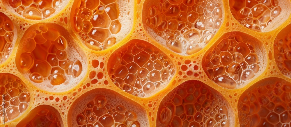 Poster detailed view of a honeycomb containing sweet honey in its hexagonal cells, showing the intricate na