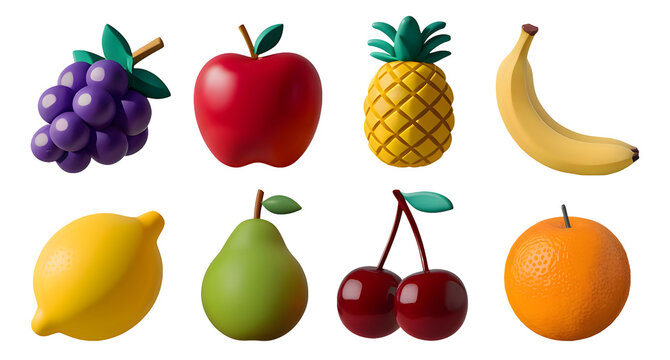Set of 3d fruit icons on a transparent background, png