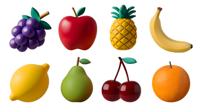 Set of 3d fruit icons on a transparent background, png