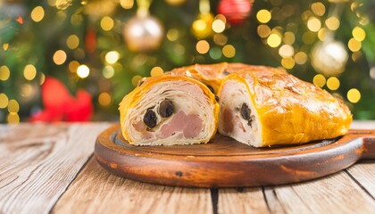 Close up of venezuelan christmas dinner: pan de jamon on plate