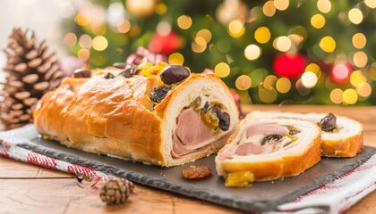 Venezuelan christmas dinner pan de jamon on a festive decorated table