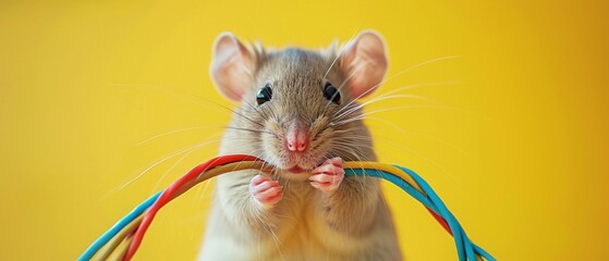 mouse munching on wires on a pale yellow backdrop.