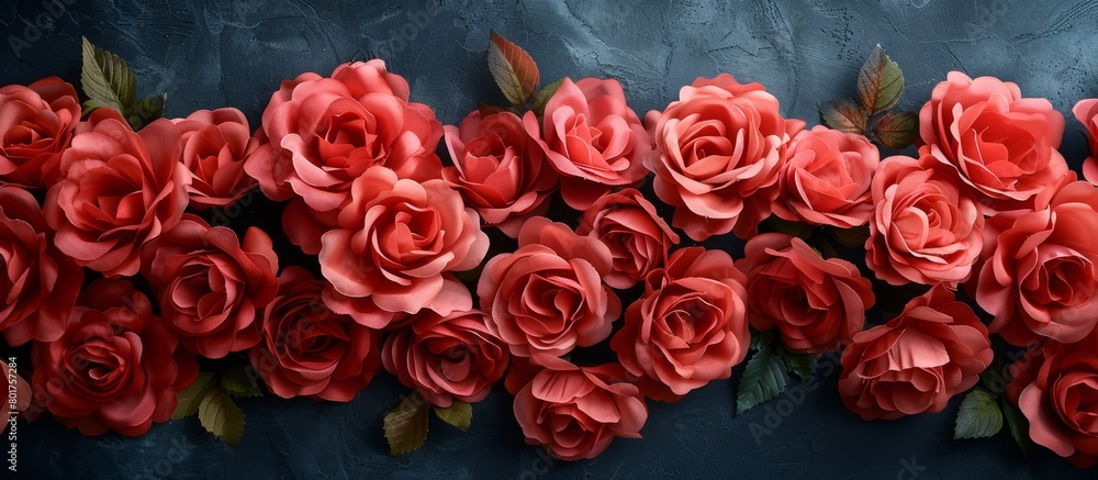Poster vibrant red roses clustered together in a close-up view against a solid blue backdrop, creating a st
