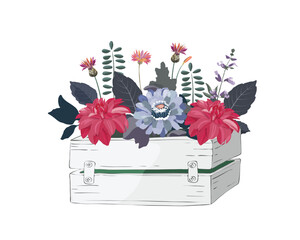 Vector flowers and herbs in a garden wooden white box. Zinnias, dahlias and cornflowers