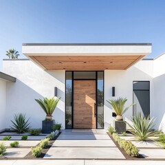 Modern home entrance with sleek white walls and a sturdy front door, potted plants flanking the entryway, reflecting minimalistic elegance.