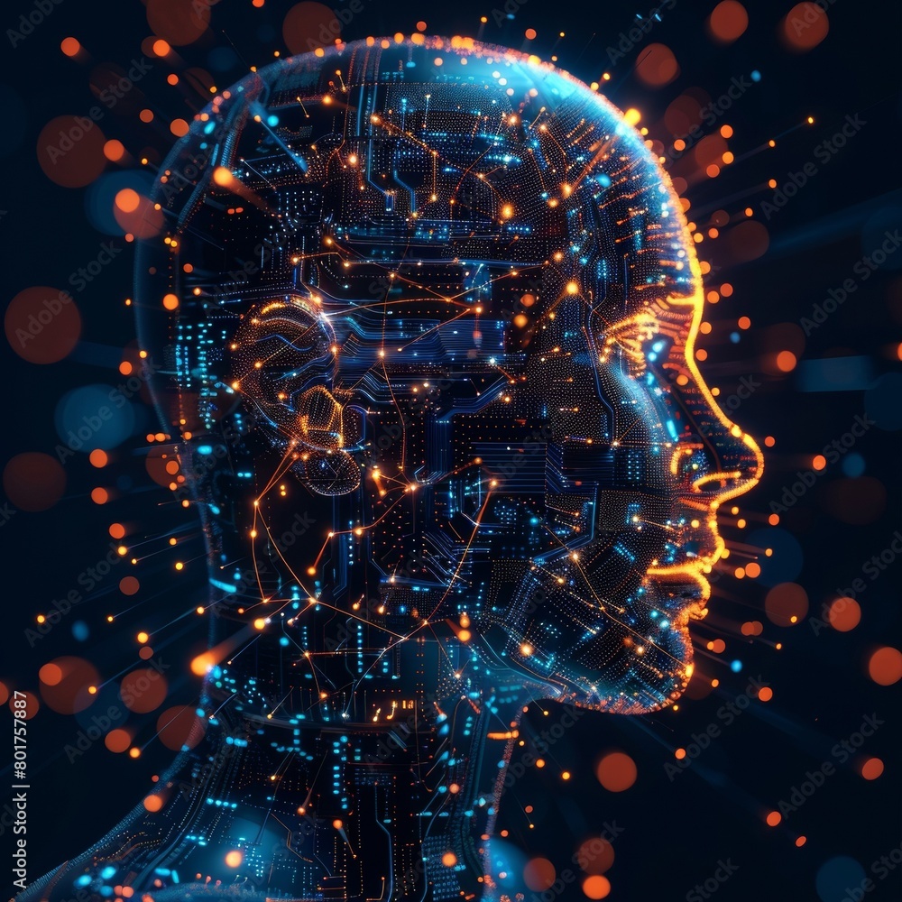 Poster futuristic ai technology. human-machine brain interface. digitalized intellect. innovation in engine