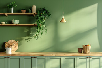 Green cabinets and wooden countertop and shelf on green wall. Farmhouse interior design of kitchen. clear light and soft tone.
