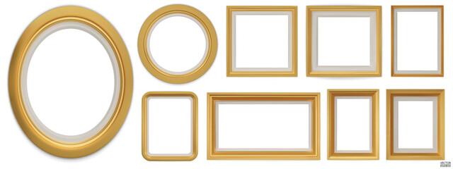 Set of gold modern frame isolated on white background. Realistic rectangle, circle, oval Photo golden frames mockup. Classic Borders set for painting, photo gallery. 3d vector illustration.