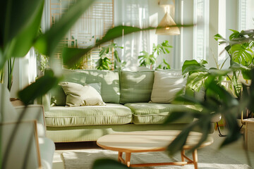 Wooden table in front of green couch in spacious white living room interior with plants and lamps.