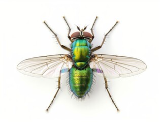 Macro shot of a green fly with detailed wings and iridescent body isolated on white background.