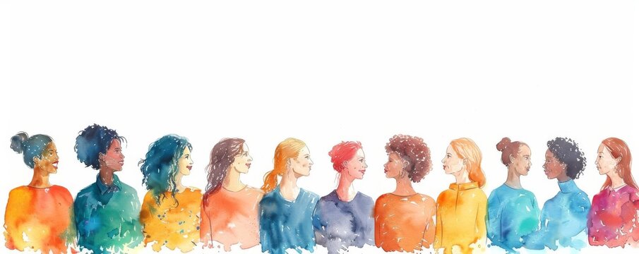 group diverse people standing together in row, wearing colorful clothes. The image is drawn in watercolor style.