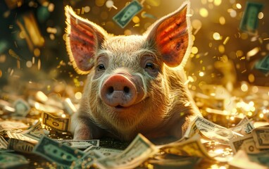 The pig was encircled by a constellation of sparkling coins.