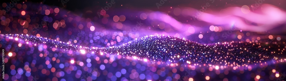 Poster a stream of particles against a purple backdrop, with numerous illuminated particles, creating a tec
