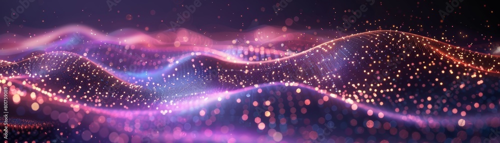 Poster a stream of particles against a purple backdrop, with numerous illuminated particles, creating a tec