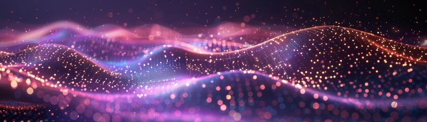 A stream of particles against a purple backdrop, with numerous illuminated particles, creating a technology-themed image. This is a 3D rendering.