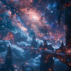The nebula background complements the futuristic aesthetics of the dystopian paradise setting in the cinematic movie with its dark and technological themes.