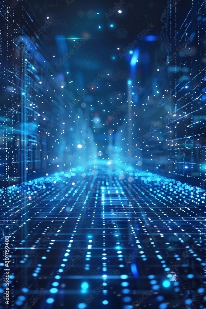 Poster Digital technology is revolutionizing the way we interact with information, with blue data matrix simulation creating a futuristic HUD display on an abstract AI background.