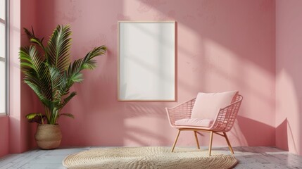 Create a trendy poster design against a retro-style interior backdrop, featuring soft, muted colors...