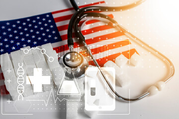Background image of sugar cubes with medical stethoscope and healthcare in the United States.