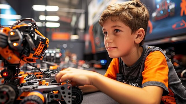 Young boy builds a robot using Mindstorms.