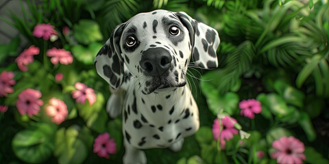 an adorable Dalmatian dog with pink flowers, generative AI
