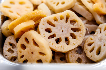 close-up sweet sliced lotus root 