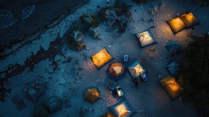 A captivating aerial view of a beach at night with a string of lanterns illuminating the waters edge, creating a magical atmosphere under the cover of darkness AIG50