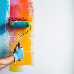 hand holding a painter roller with paint, painting a white wall
