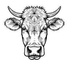 cow head draw line, black and white, white background